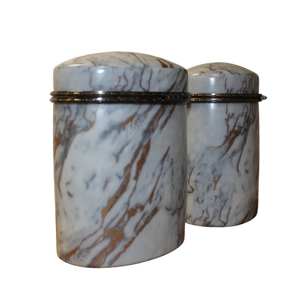 2 Three Hands Marble-Look Ceramic Jars w/Metal Trim Decorative Storage Container - Picture 4 of 7